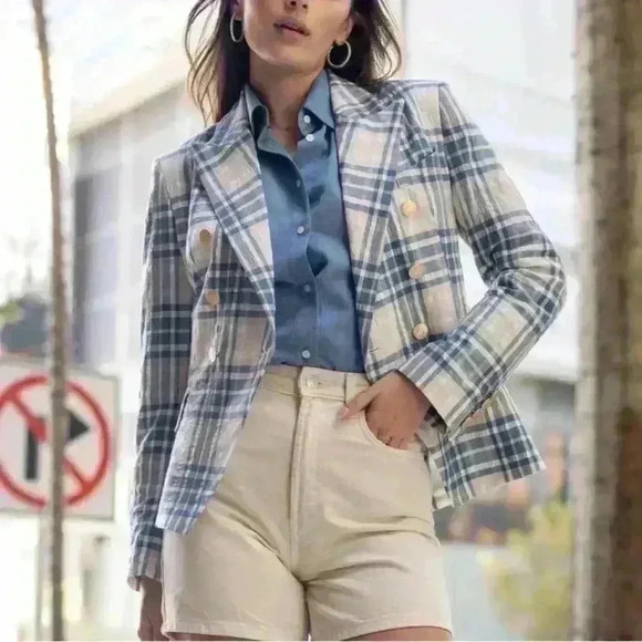 OLIVVI New Fitted Plaid Blazer Jacket NWT Blue & Cream - Picture 6 of 16